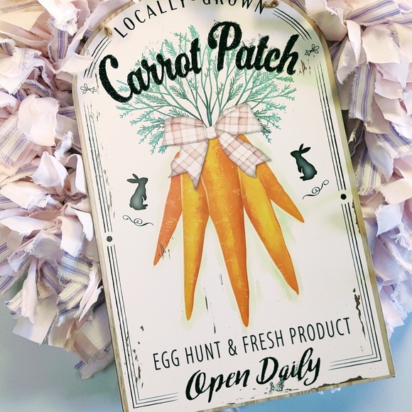 Hand Crafted Easter Fabric Rag Wreath, Pink & Purple, Carrot Patch Sign, 18" - Picture 8 of 11